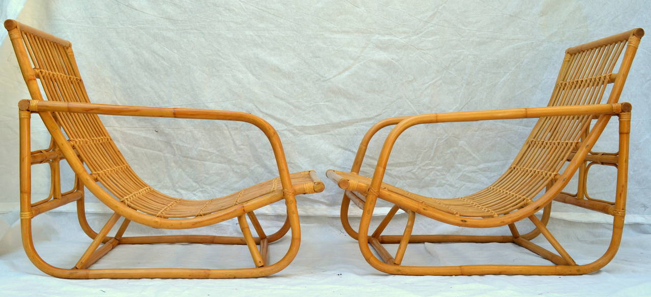 Pair of Dutch Style Bamboo Rattan Lounge Chairs, circa 1960 In Excellent Condition In Camden, ME