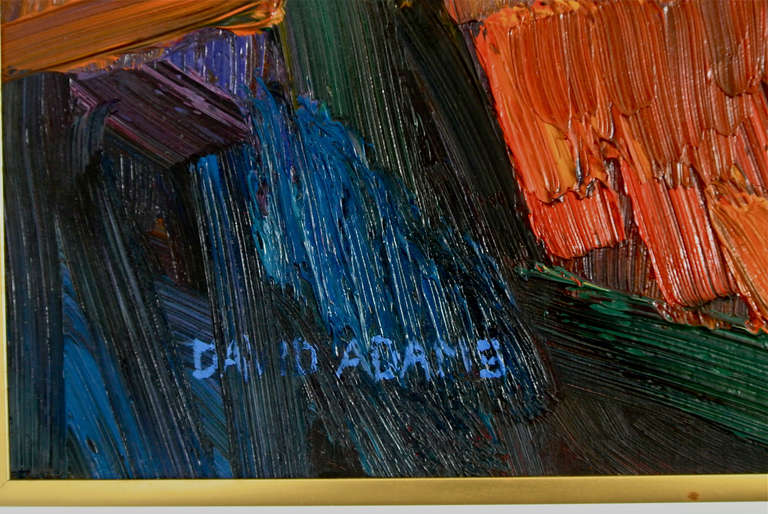 Abstract landscape painting utilizing a pallet of sapphire blues, oranges, gold, green, lavender and black. Coupled with a thick impasto application of paint and bold brush strokes. The painting in good condition: signed David Adams
 