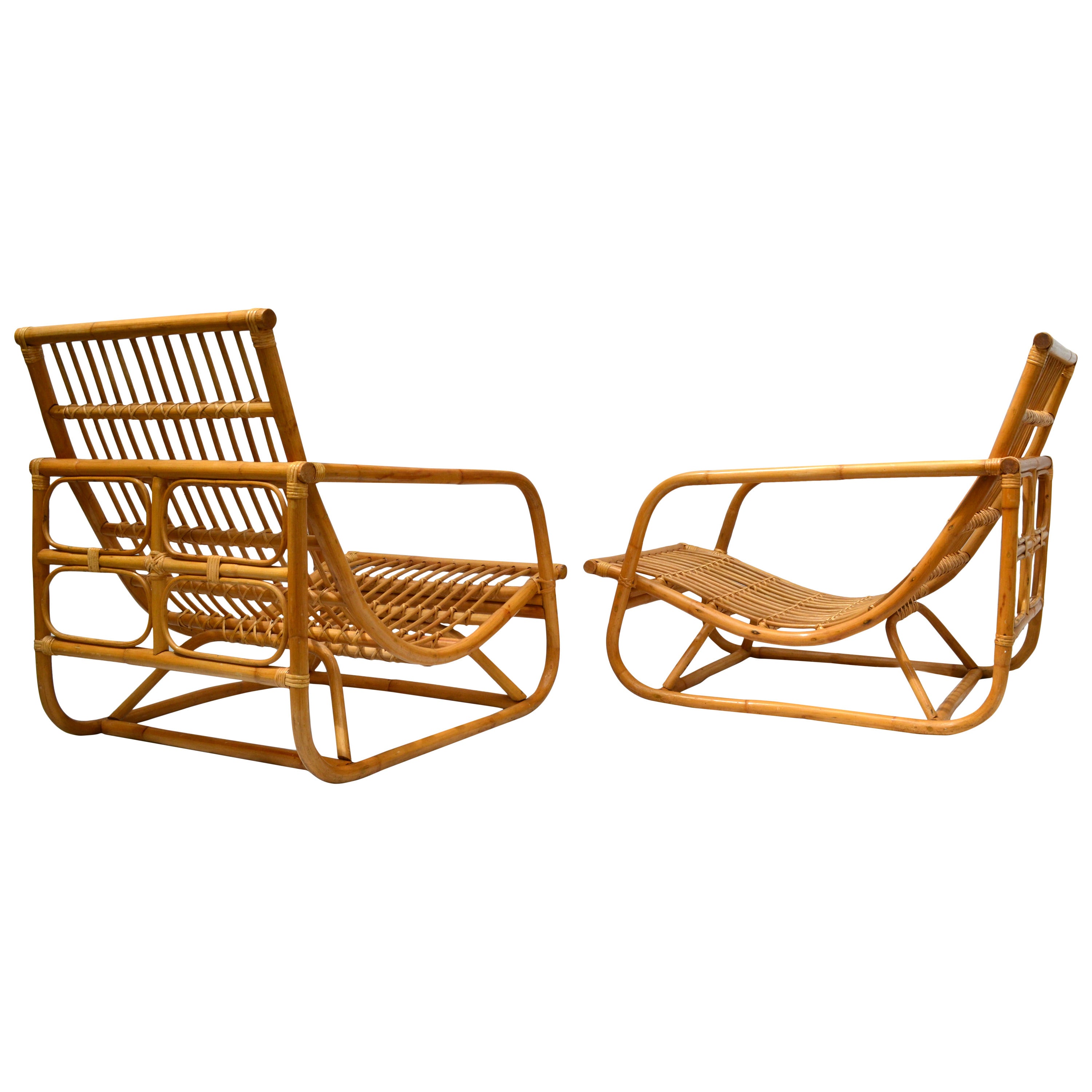 Pair of Dutch Style Bamboo Rattan Lounge Chairs, circa 1960