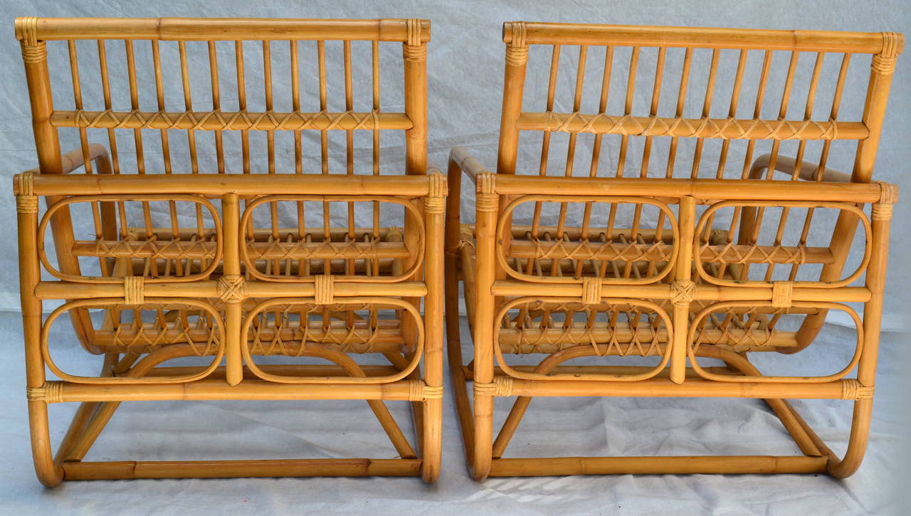 20th Century Pair of Dutch Style Bamboo Rattan Lounge Chairs, circa 1960