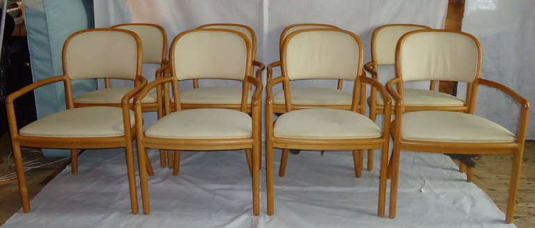 Ward Bennett eight ash armchairs for Brickel Associates from 1983.
The chairs are upholstered in their original off-white linen and are in excellent vintage condition with a few spots (see image #4).