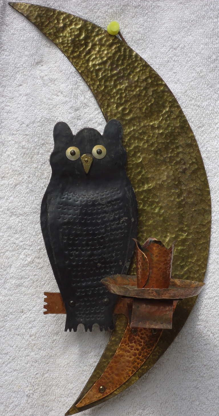20th Century Pair of Folk Art Owl and Moon Candle Sconces c. 1920