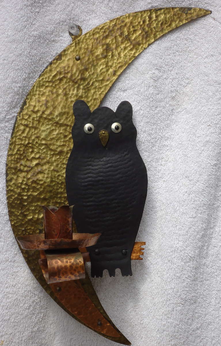Pair of Folk Art Owl and Moon Candle Sconces c. 1920 In Good Condition In Camden, ME