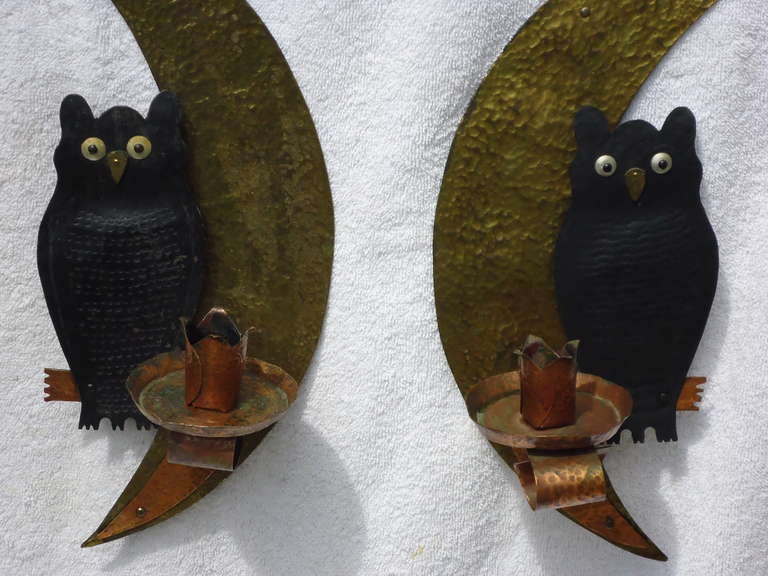 American Pair of Folk Art Owl and Moon Candle Sconces c. 1920