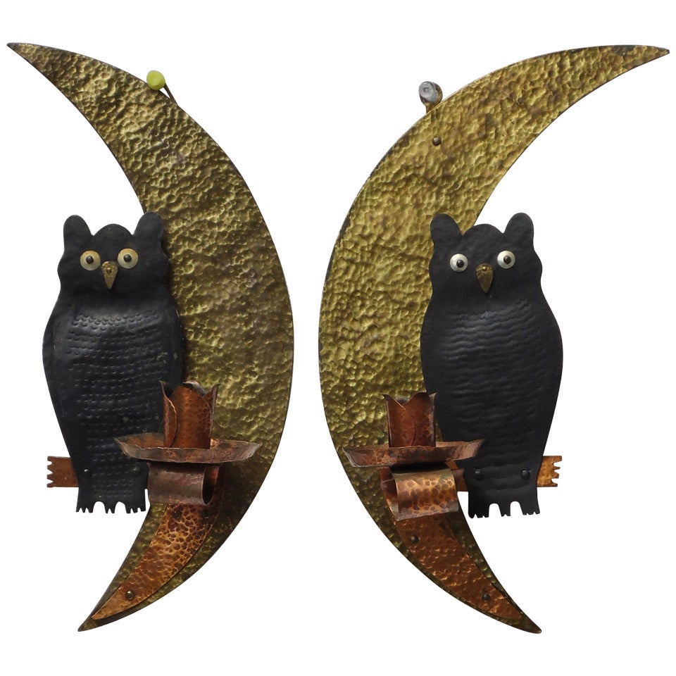 Pair of Folk Art Owl and Moon Candle Sconces c. 1920