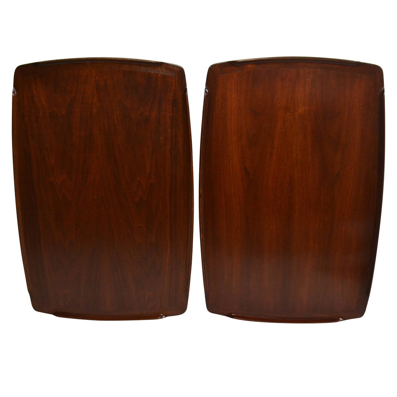 Poul Jensen sculpted hand crafted pair of Danish teak and cane end tables. 

The tables were designed for CFC Silkeborg and imported by Selig during the 1950's.
The teak frames and caned shelves are in excellent condition..