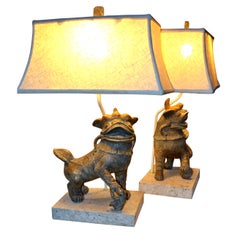 Retro Pair of Ceramic Foo Dog Lamps on Coral Stone Bases, circa 1960