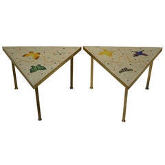 Pair of Mexican Mosaic Tile Brass Framed Side Tables By Genaro Alvarez