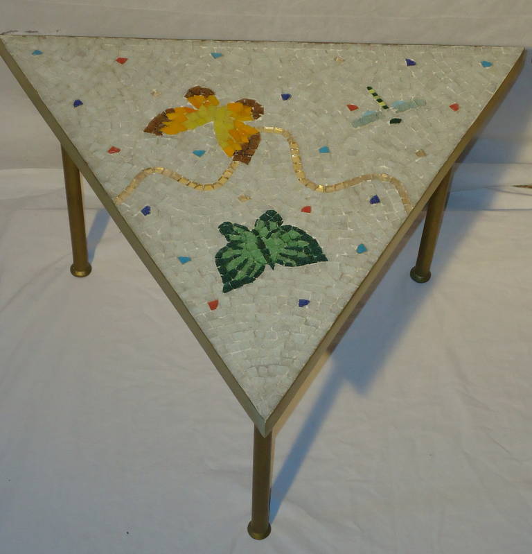 Pair of Mexican Mosaic Tile Brass Framed Side Tables By Genaro Alvarez 3