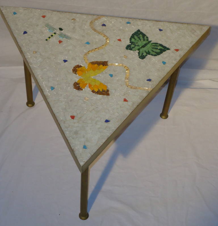 Mid-20th Century Pair of Mexican Mosaic Tile Brass Framed Side Tables By Genaro Alvarez