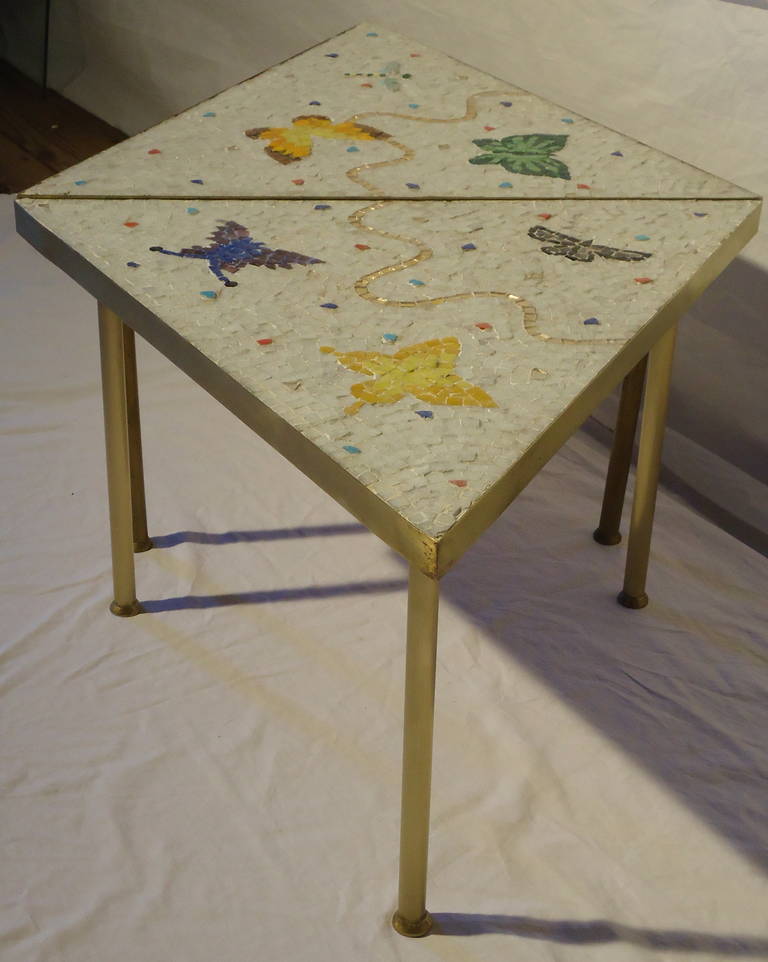 Pair of Mexican Mosaic Tile Brass Framed Side Tables By Genaro Alvarez 1