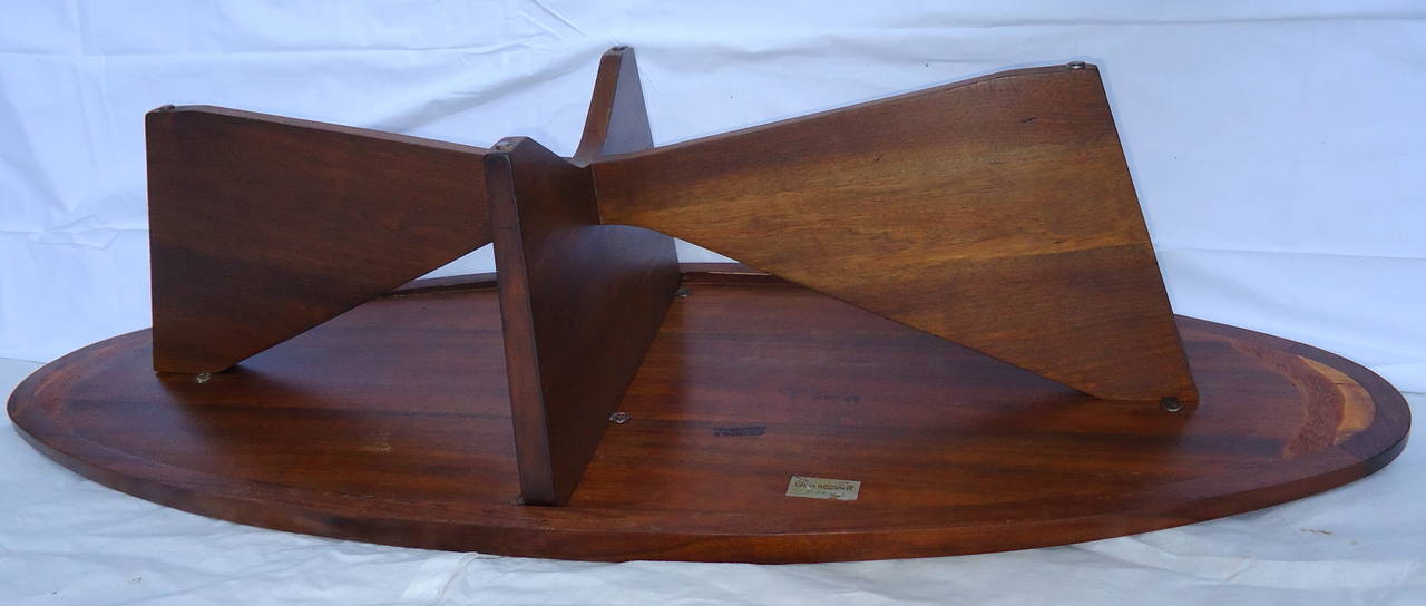 Carved Rare George Nakashima Oval Coffee Table Bow Tie Base Widdicomb, 1958