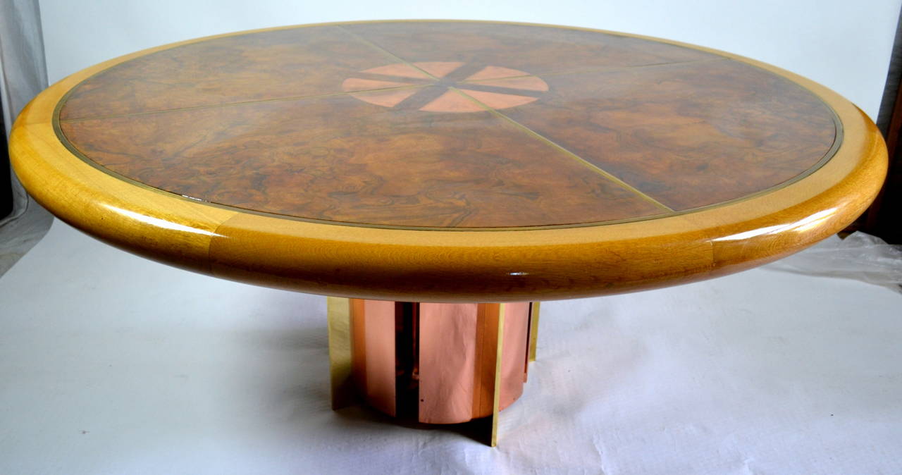 Circular Dining Table Studio Crafted Mixed Metals Strong Grained Burl 1972 In Good Condition In Camden, ME