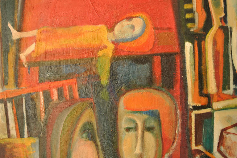 A compelling painting by a midcentury outsider artist. This graphically bold painting utilizing bright colors and a potent figurative composition engages contemplation. Unsigned.

The painting has been professionally mounted in a simple