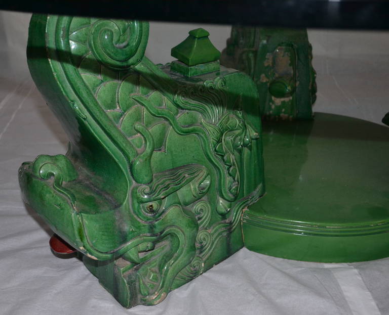American Rare Antique Ming Ceramic, Custom Glass Coffee Table, circa 1955