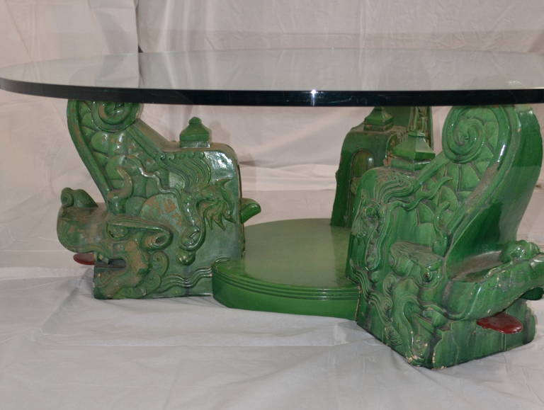 Mid-20th Century Rare Antique Ming Ceramic, Custom Glass Coffee Table, circa 1955