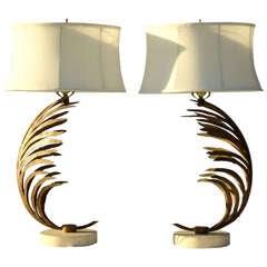 Mid Century Pair of Gilt- Metal Palm Frond Table Lamps w/ Travertine Marble Bases