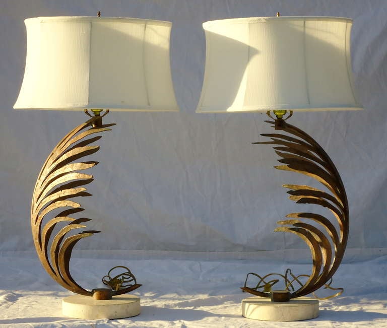 Mid Century Pair of Gilt- Metal Palm Frond Table Lamps w/ Travertine Marble Bases