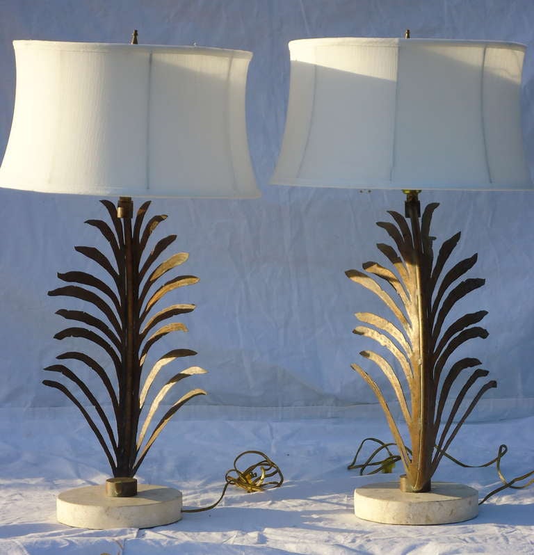 American Mid Century Pair of Gilt- Metal Palm Frond Table Lamps w/ Travertine Marble Bases