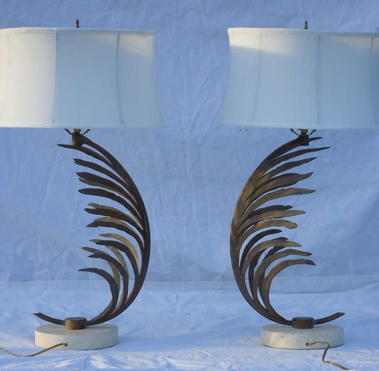 Mid-Century Modern Mid Century Pair of Gilt- Metal Palm Frond Table Lamps w/ Travertine Marble Bases