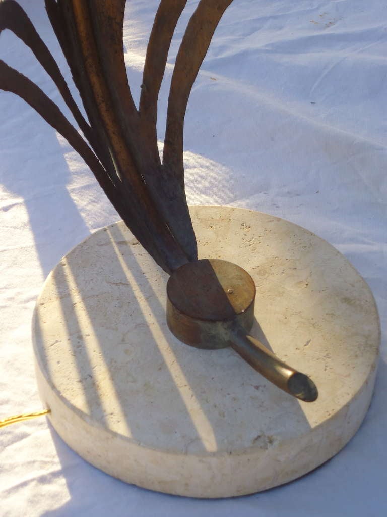 Mid-20th Century Mid Century Pair of Gilt- Metal Palm Frond Table Lamps w/ Travertine Marble Bases