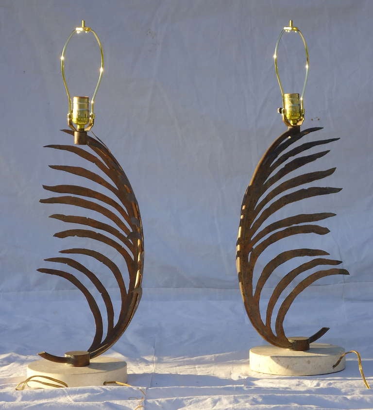 Mid Century Pair of Gilt- Metal Palm Frond Table Lamps w/ Travertine Marble Bases 2