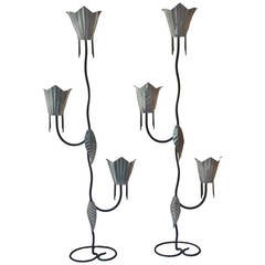 Mayan Revival Rare Pair of Art Deco Wrought Iron and Tin Floor Lamps, circa 1928 6