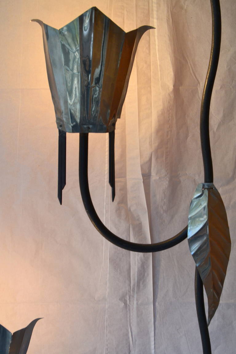 Mayan Revival Rare Pair of Art Deco Wrought Iron and Tin Floor Lamps, circa 1928 In Good Condition For Sale In Camden, ME