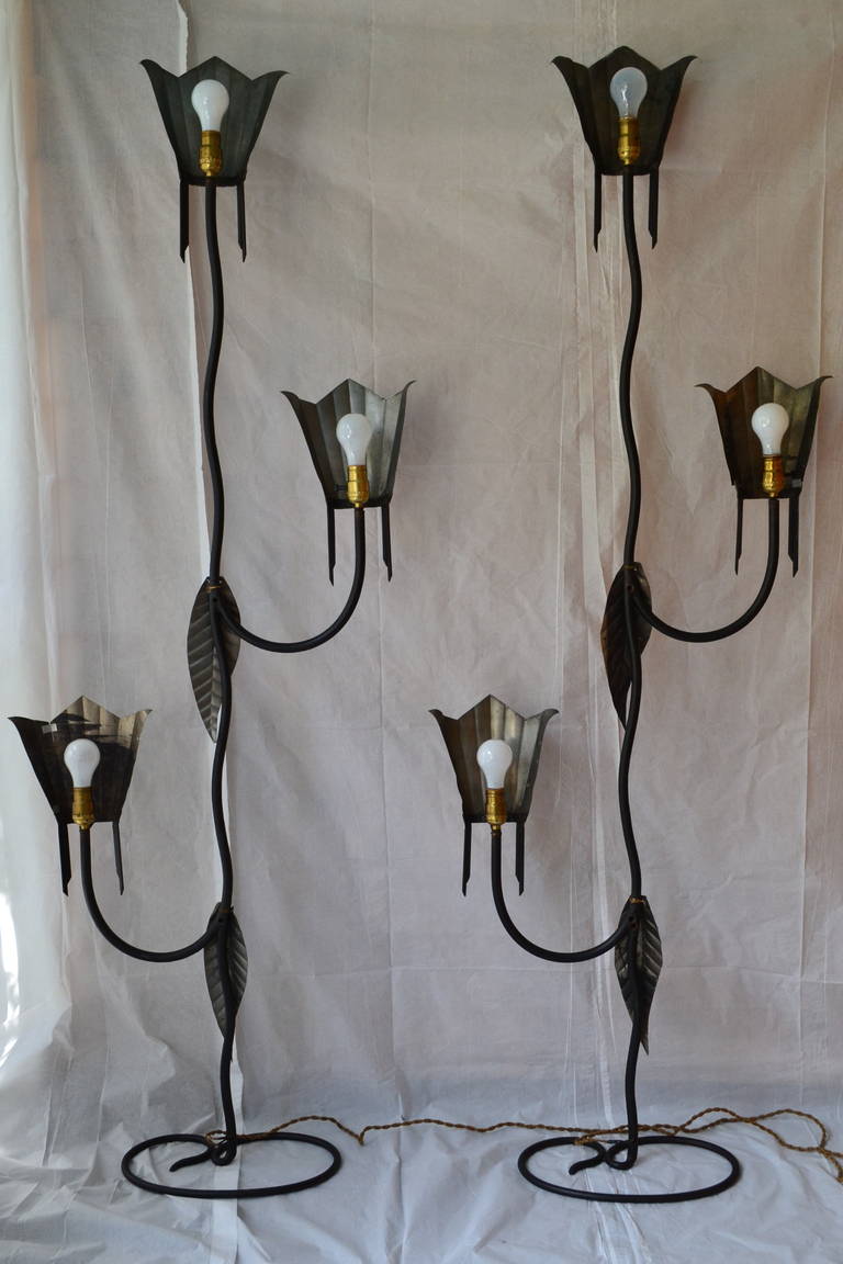 Hand-Crafted Mayan Revival Rare Pair of Art Deco Wrought Iron and Tin Floor Lamps, circa 1928 For Sale