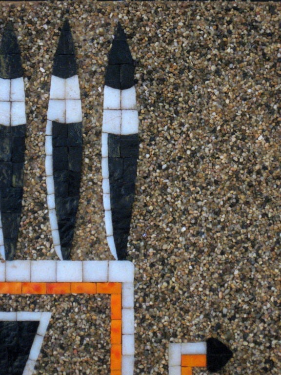 This a wonderful mosaic of glass and ceramic tile mounted on a plywood board with a natural sand background from the 1950's or 1960's. Brilliant use of color to portray a Navajo Yeibichai. The Navajo traditional belief is that this very special
