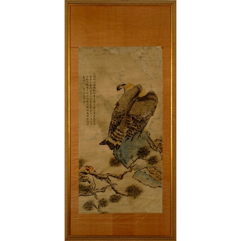 Late 19th Century Chinese Scroll of Eagle on a Stone Overhang