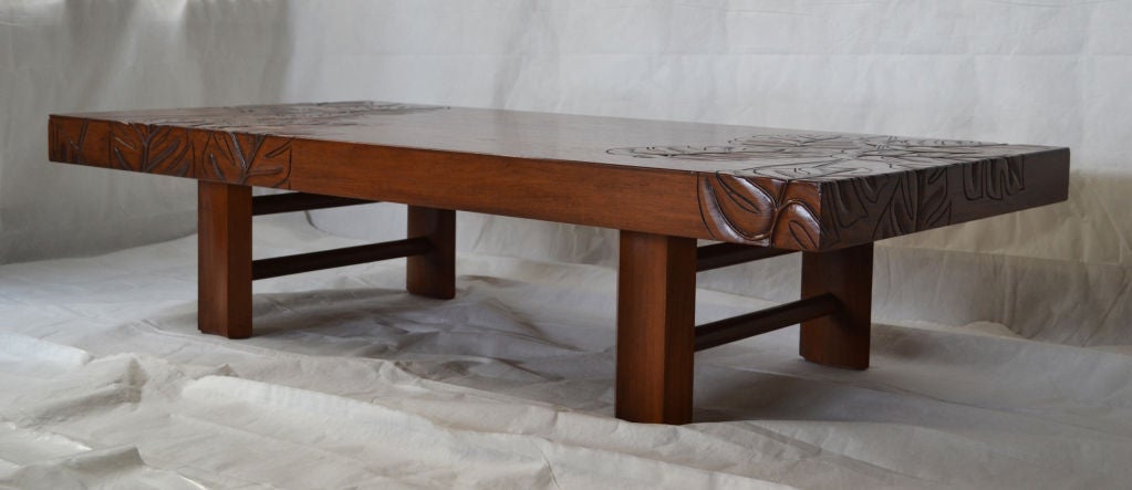 Beautifully Carved Hawaiian Koa Wood Tropical Deco Coffee Table 4