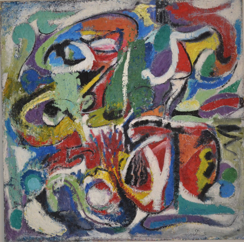 Superb thick impasto painting on canvas was created by a well-trained artist with masterful execution of abstract expressionism. Bold in color, design and use of texture, the artist creates a masterpiece of rhythm and balance. Signed on front DK '92