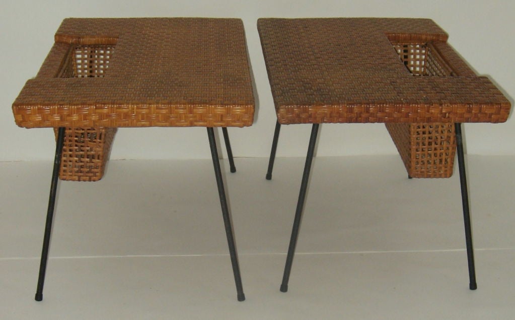 Pair of Caned Rattan End Tables with Magazine Holders