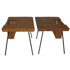 Pair of Caned Rattan End Tables with Magazine Holders