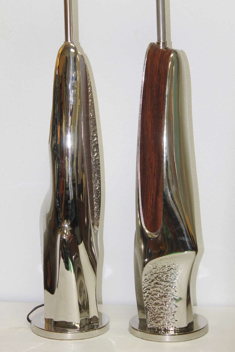 American Pair of Brutalist Chrome and Wood Veneer Lamps by Laurel