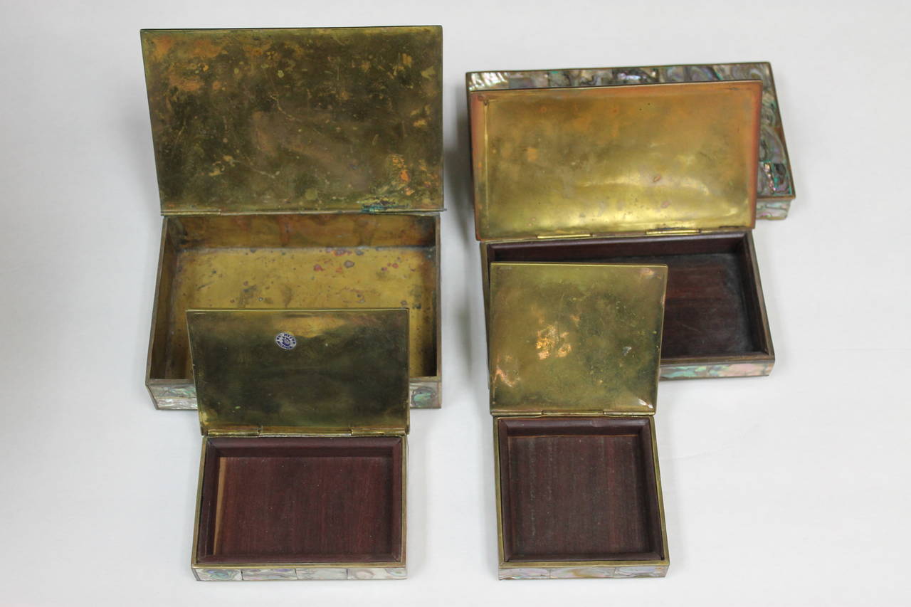 Collection of Vintage Mexican Brass and Abalone Shell Inlay Boxes In Excellent Condition In Palm Springs, CA