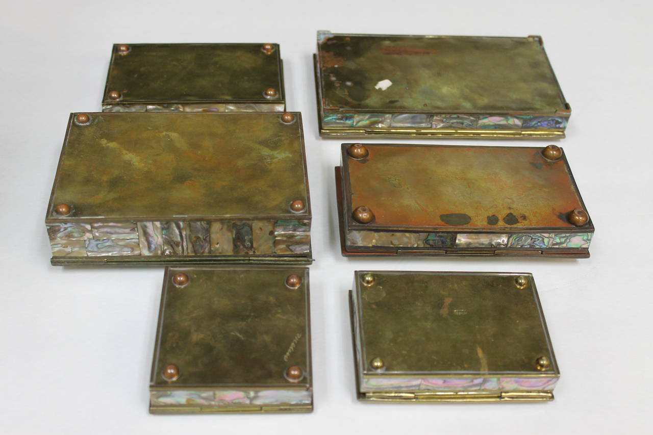 Collection of Vintage Mexican Brass and Abalone Shell Inlay Boxes 3