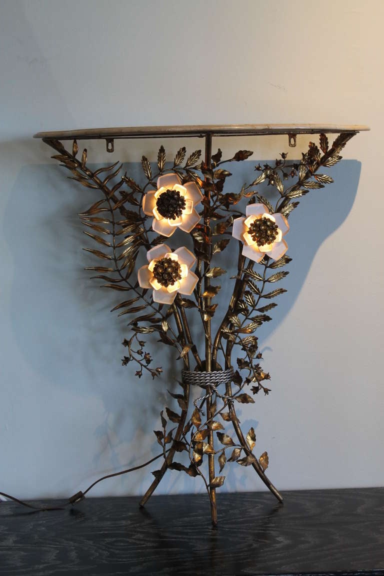 Gilt Wrought Iron Hall Table with Lighted Flowers