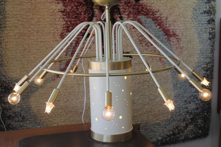 Cascading umbrella shaped chandelier from the famous Faust Hotel ballroom in Rockford, Illinois. Chandelier has been restored and rewired.  There's an outlit above the canister which can be used for xmas lights, etc.  37