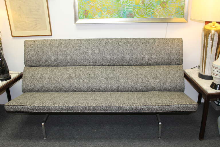 Ray and Charles Eames /Herman Miller compact sofa.  Restored with new, dense foam and new fabric. The chrome is very clean and only shows minor wear, all the footpads are present and this sofa has GREAT lumbar support.