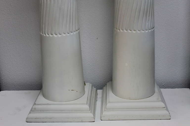 American Pair of Wood Column Lamps For Sale