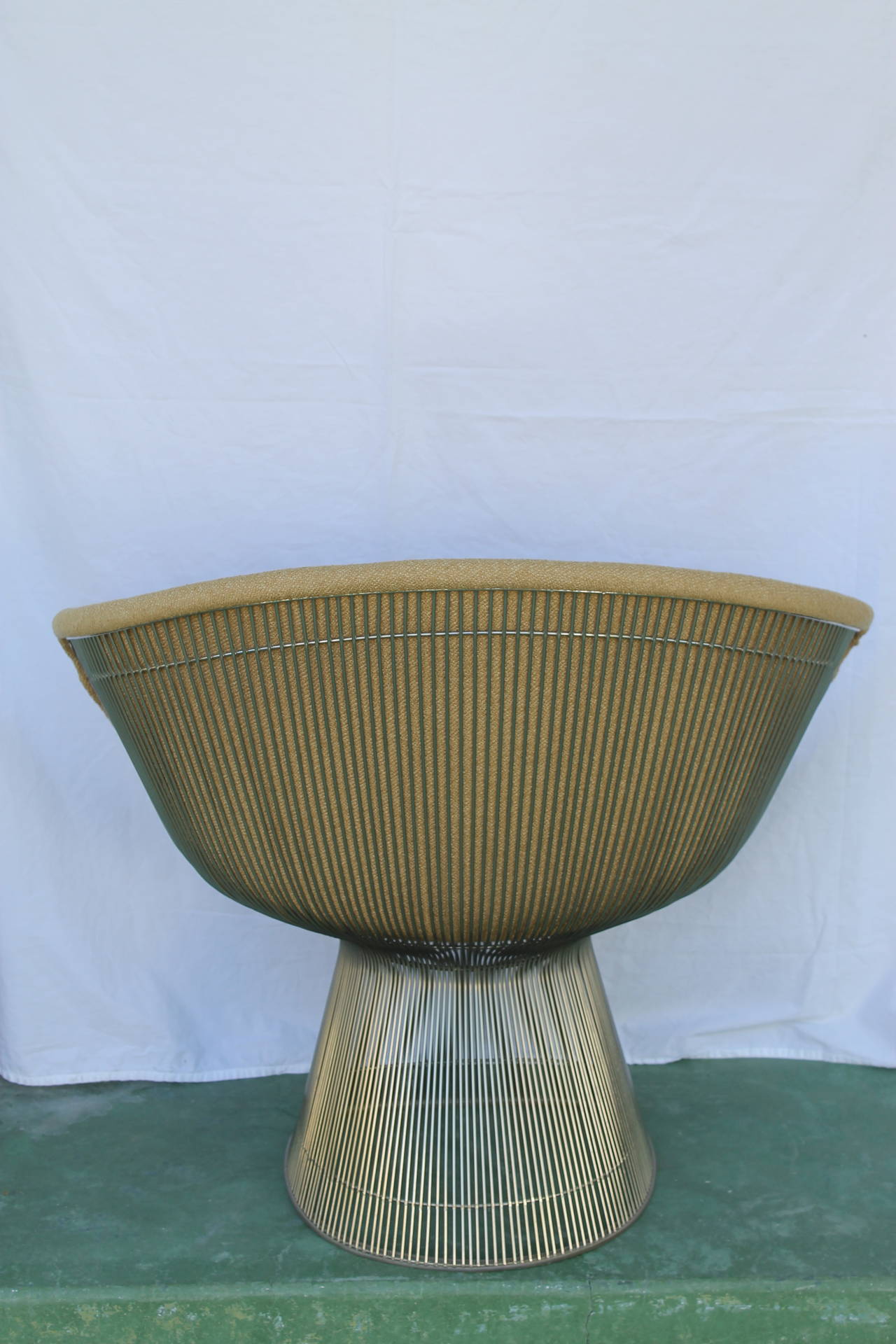 Fresh from a Thunderbird Cove, Palm Springs California estate, a Warren Platner lounge chair with original wheat colored upholstery and nickel finished frame. Excellent original condition. Height 30 1/2