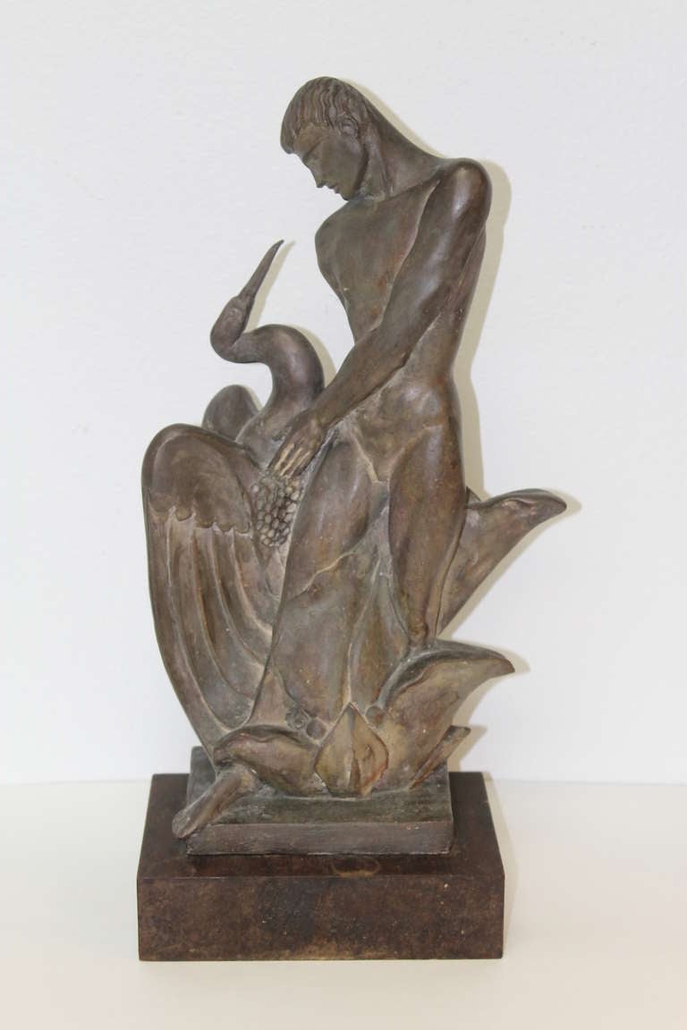 Incredible sculpture by Frank Eliscu dated 1931.  Patina has browns, dark greens.  Signed on base 'Eliscu 1931'.  This was probably a maquette. Measures 16.5