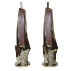 Pair of Brutalist Chrome and Wood Veneer Lamps by Laurel 4