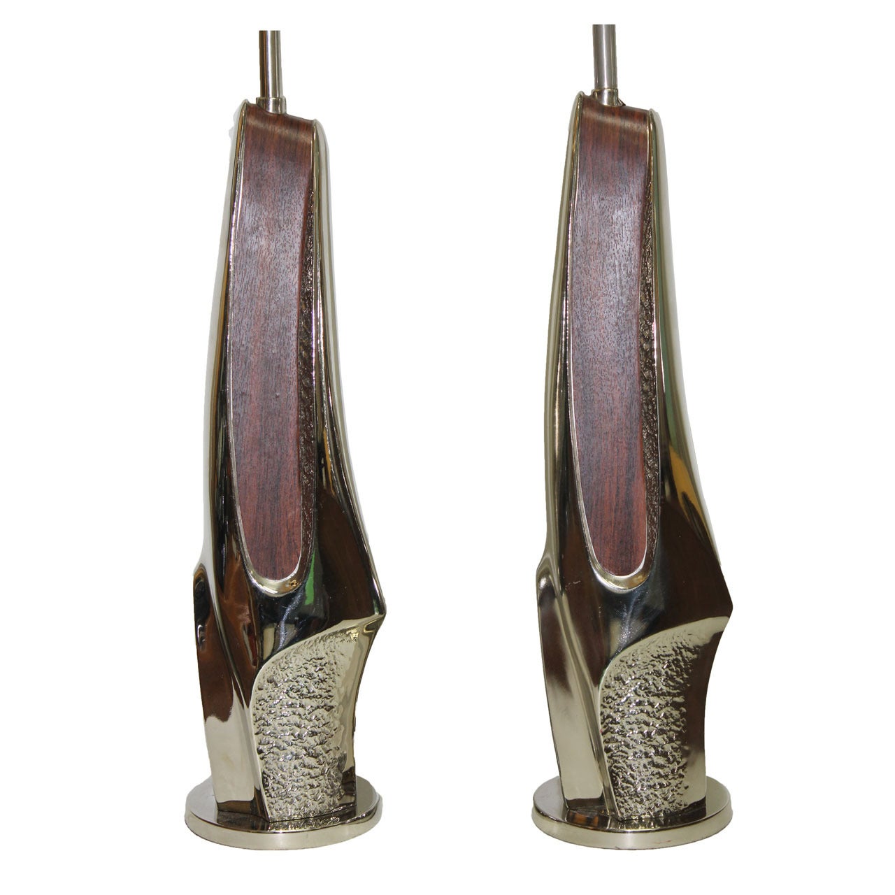 Pair of Brutalist Chrome and Wood Veneer Lamps by Laurel