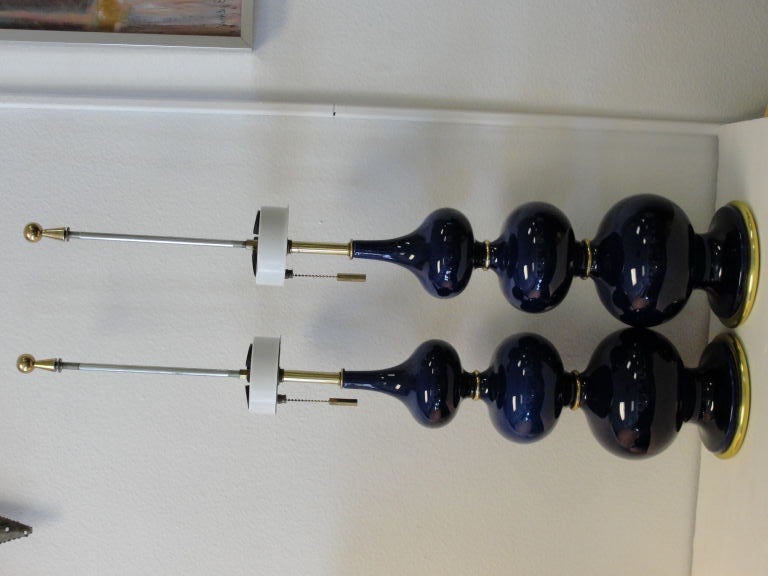 Pair of midnight blue triple gourd lamps by Lightolier designed by Gerald Thurston.