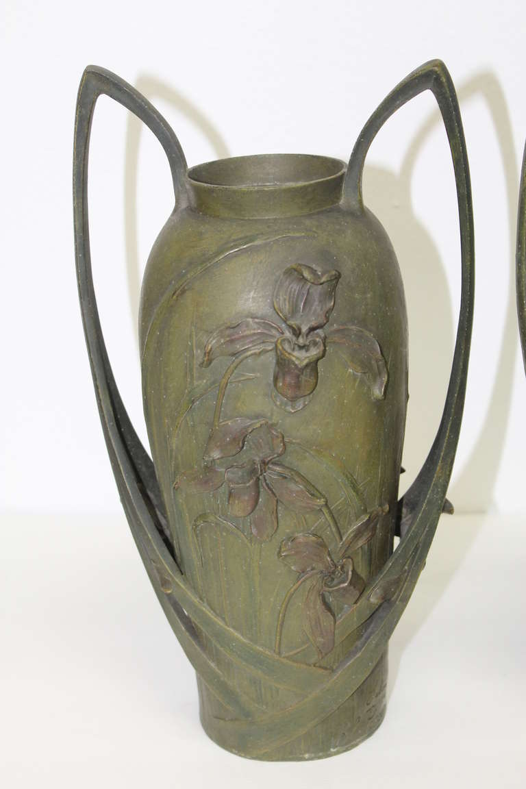 Art Nouveau Lady Slipper Orchid Vases by Blanche Poccard de Saintilau, 1902 In Good Condition In Palm Springs, CA