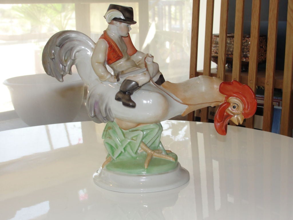 Lovely hand painted, vintage, porcelain figurine on Rooster