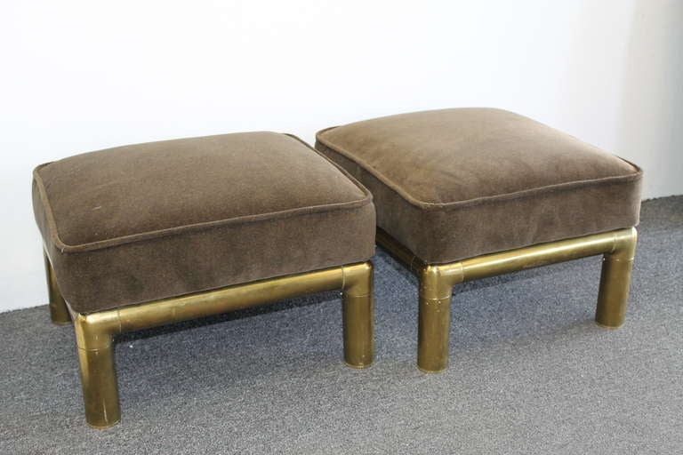 Pair of Mastercraft stools reupholstered in brown mohair.  Each stool measures 12